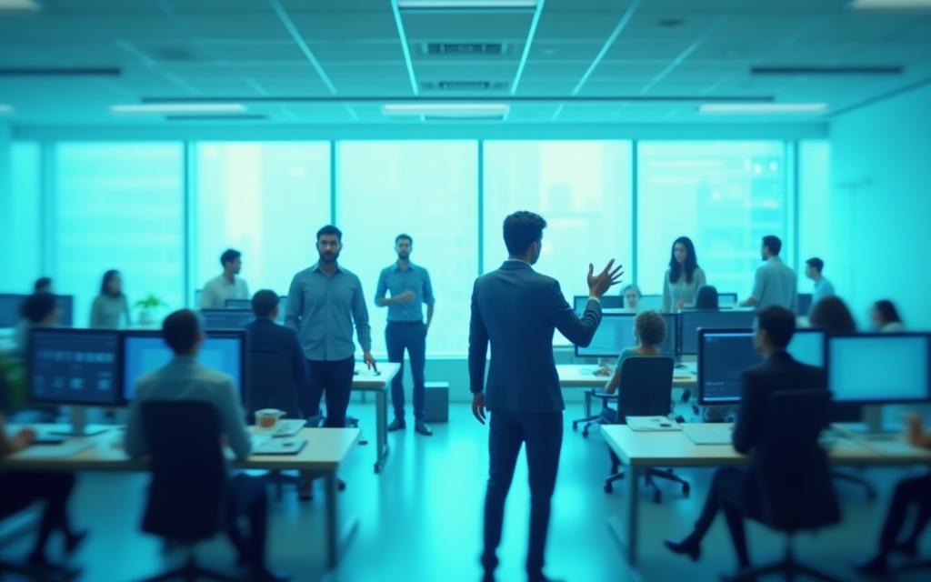 未来的なオフィスで働く人々が効率的に業務を進めている様子